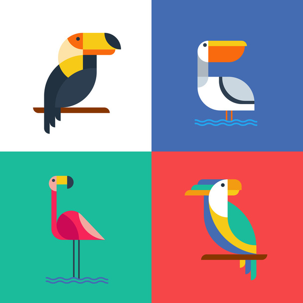 Icone di marchio di uccelli tropicali esotici stile piano. - Vettoriali, immagini