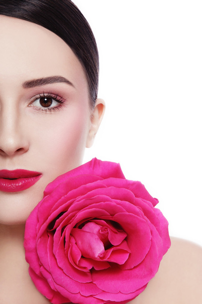 beautiful woman with pink rose - Foto, Imagen