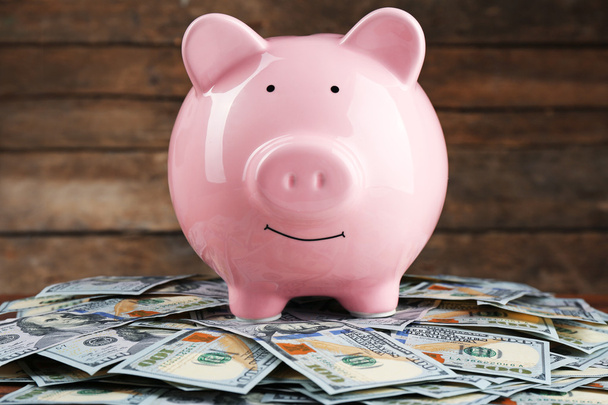 Pig money box and dollar banknotes - Fotó, kép