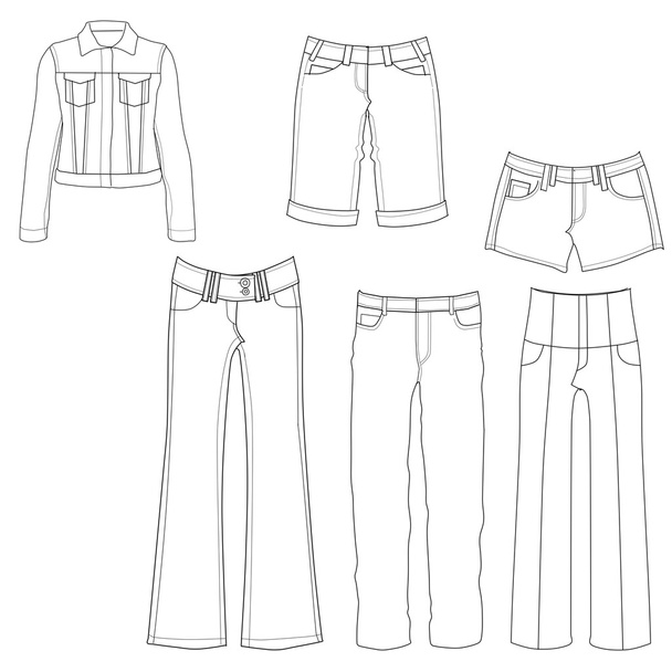 Platte sjabloon schetsen van verschillende denim en jeans kleding - Set van denim kleding - Foto, afbeelding