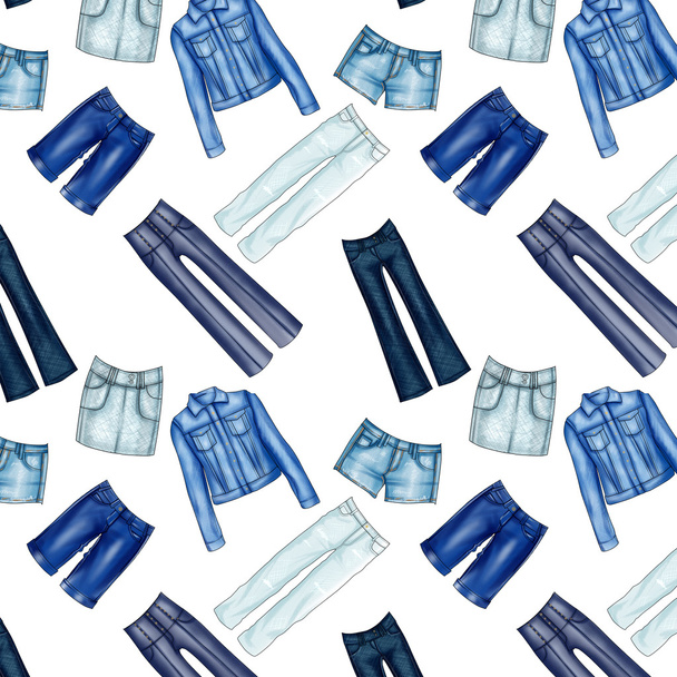 nahtloses Muster - überall - Hintergrund mit verschiedenen Jeans- und Jeanskleidern - Foto, Bild