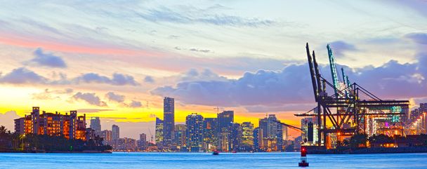 Sunset panorama of Miami Port, Fisher Island and downtown - Photo, Image