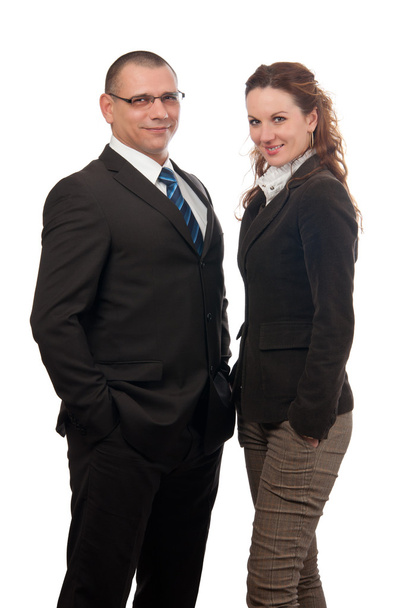 Smiling businessman and business woman making a successful team isolated on white - Φωτογραφία, εικόνα