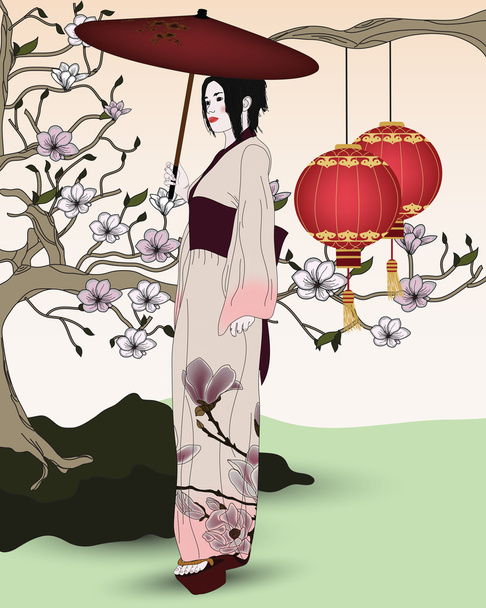 Belle passeggiate geisha in un giardino orientale
 - Vettoriali, immagini