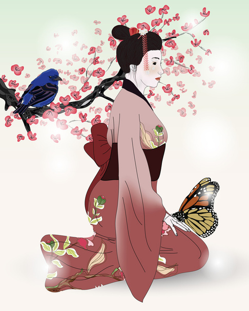 krásný obrázek gejši s ptákem a motýl - Vektor, obrázek