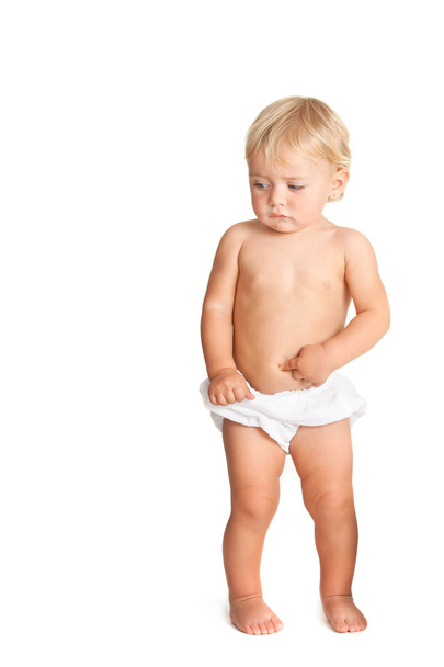 Toddler pointing with finger on tummy - Photo, Image