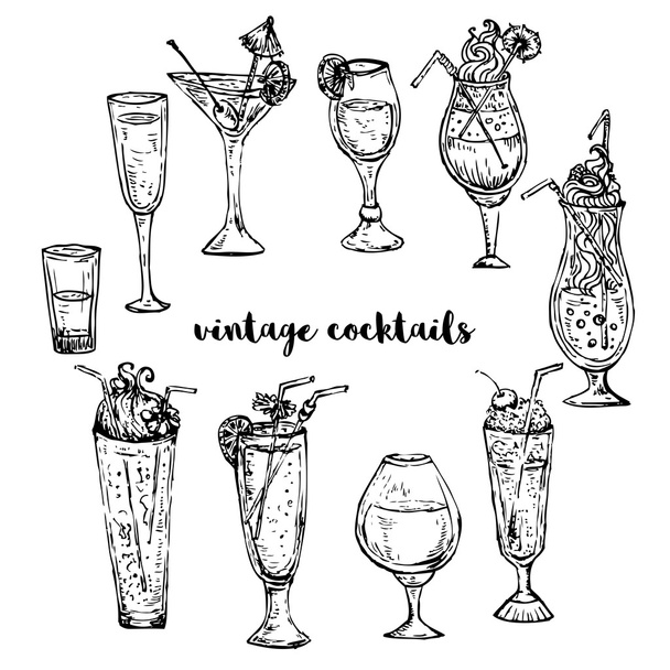 Collectie van vintage cocktails. Retro hand getekend vectorillustratie - Vector, afbeelding
