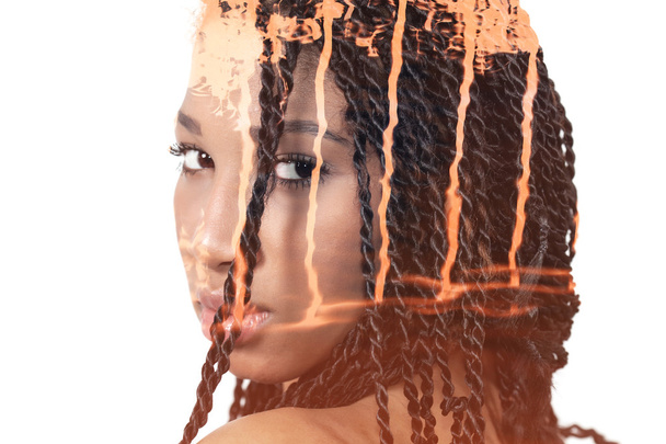 Double exposure of girl with braids and abstract water reflectio - Фото, зображення