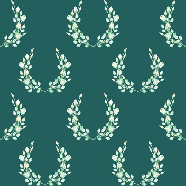 A seamless pattern with the wreaths of the tender green roses, painted in a watercolor on a dark green background - Φωτογραφία, εικόνα