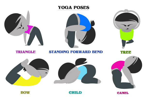 Posturas de yoga y nombres fondo de dibujos animados
 - Foto, imagen
