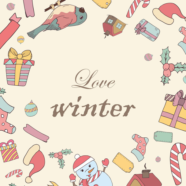 Hand drawn knitted winter accessories. Doodle holiday background and place for your text  - Вектор, зображення