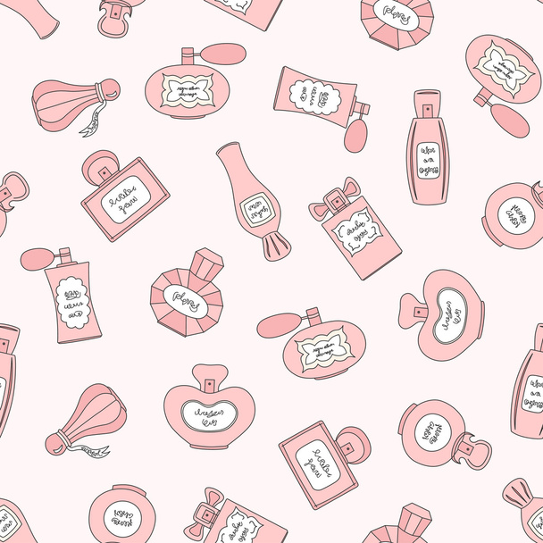 Vector seamless pattern with perfume bottles of different shapes on pink background - Vector, Image