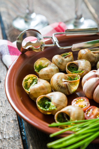Escargot. The snails in garlic butter and herbs - Fotoğraf, Görsel