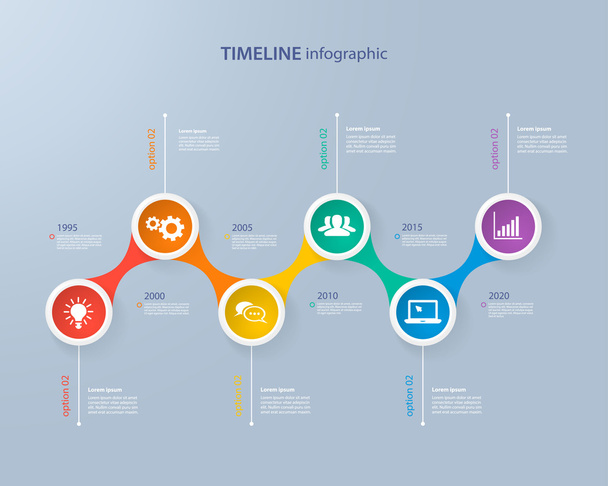 Modelo de linha do tempo de infográficos com círculos coloridos realistas para 6 passos e ícones. Pode ser usado para layout de fluxo de trabalho, diagrama, opções de número, opções de passo, web design, infográficos, apresentações
 - Vetor, Imagem