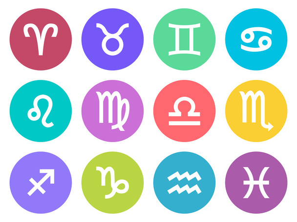 Set of zodiac signs in circle in flat style. Colorful round icons. Vector illustration. - Vektor, kép