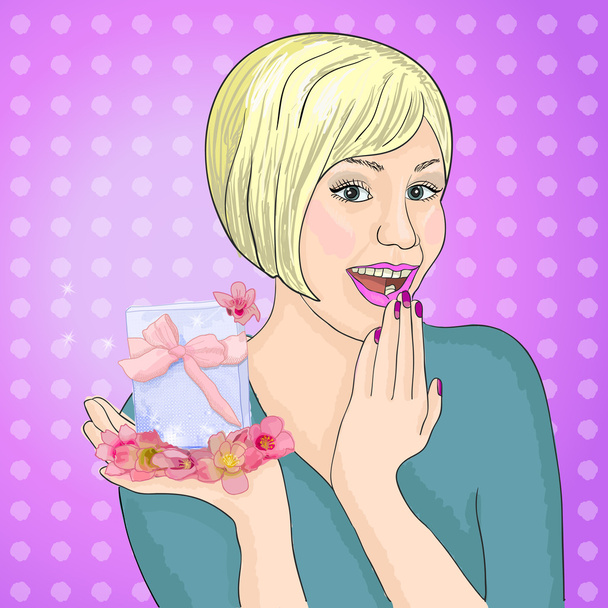 surprised young woman blonde just received a gift, very pleased and surprised - vector illustration - ベクター画像