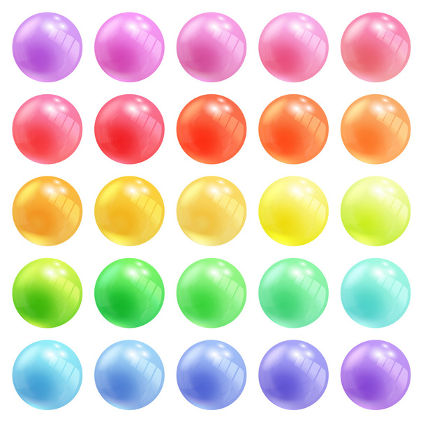 Set di sfere vettoriali rotonde colorate o palle in colori pastello dell'arcobaleno con superfici dimensionali lucide riflettenti per celebrare il nuovo anno natalizio
 - Vettoriali, immagini