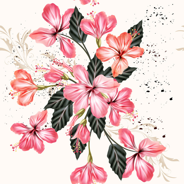 Vector seamless background with hibiscus flowers in retro style - Wektor, obraz