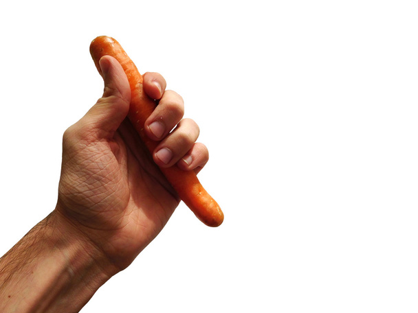 hand with carrot on white background - Photo, image