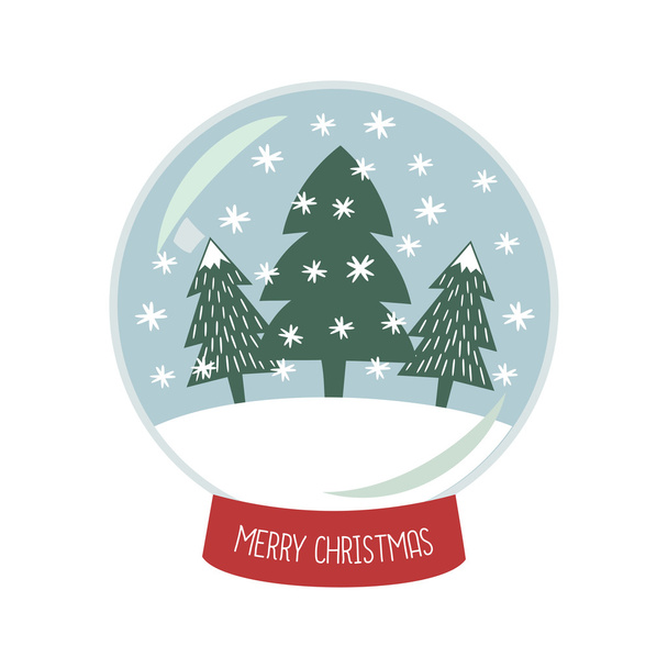 Christmas Snow globe with the falling snow and Xmas trees illustration. Cute Merry Christmas card. - Vector, Image
