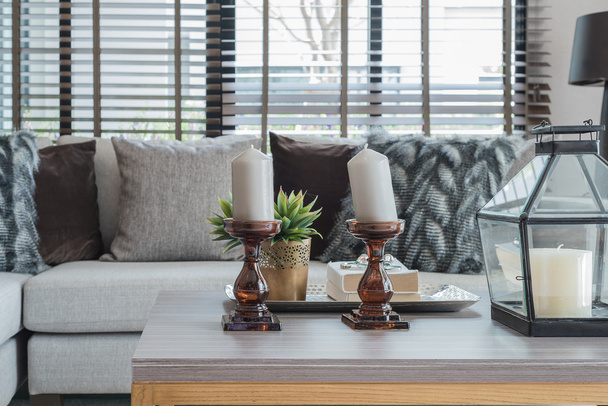 modern living room with decorate ornament on wooden table - Φωτογραφία, εικόνα
