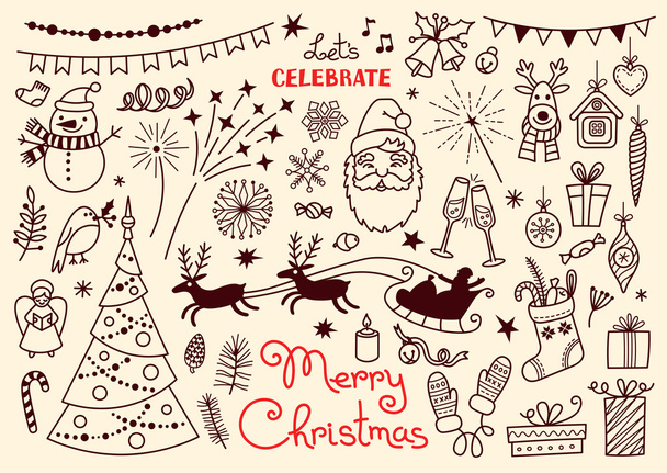 Feliz Navidad. Doodle conjunto de personajes y decoraciones. Ilustración del vector Freehand
. - Vector, Imagen