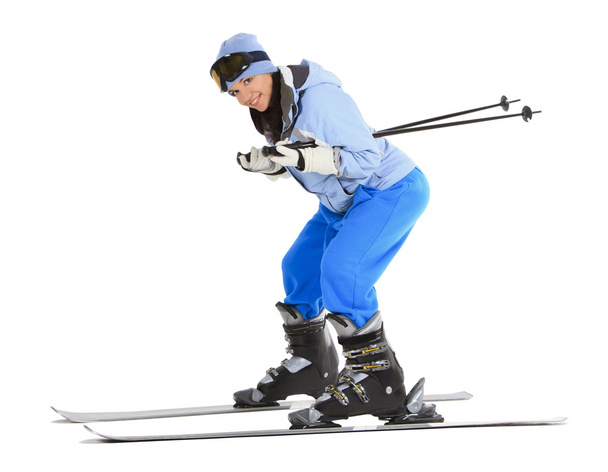 Woman with ski over white background - Fotoğraf, Görsel