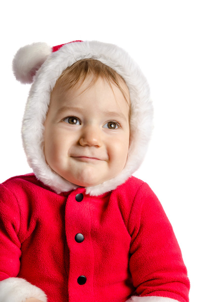 Funny baby in Santa Claus clothes on white background - Fotó, kép
