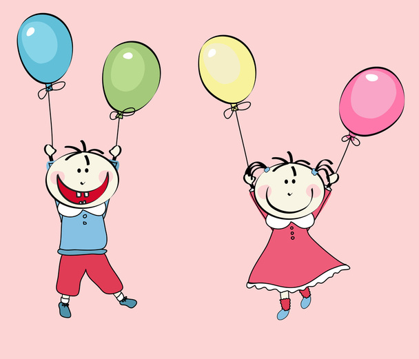 Feliz niño y niña volando con los globos
 - Vector, imagen