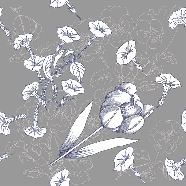 padrão sem costura com flores pretas e brancas - Vetor, Imagem