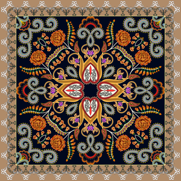 bandanna with a bright pattern, decorated with orange roses, fox - Vector, Image