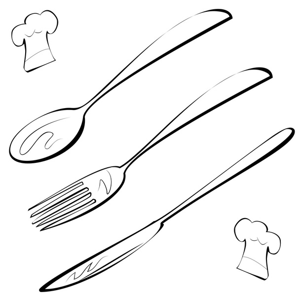 Couverts d'art de ligne, fourchette, couteau, cuillère et chapeau de chef
.  - Vecteur, image