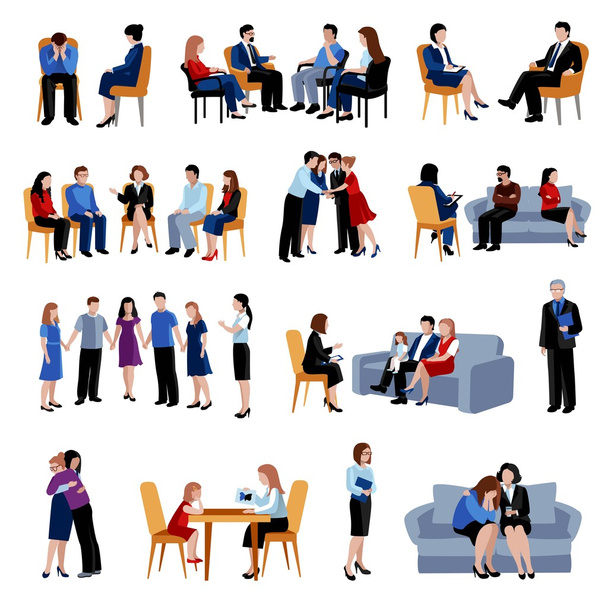 Problematic families counseling flat icons set - Vector, Image