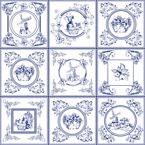 Famosa coleção de ícones delft azulejos azuis
 - Vetor, Imagem