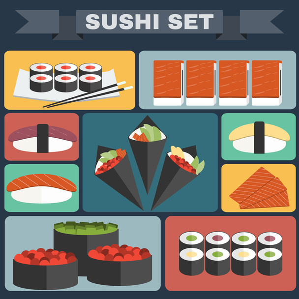 Big colorful icon set of sushi - Vector, afbeelding