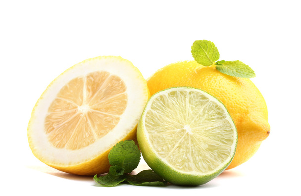 Fresh lime and lemon with mint isolated on white - Photo, image