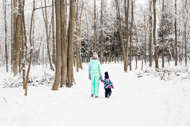 família feliz mãe e criança bebê filha em um passeio de inverno na floresta
 - Foto, Imagem