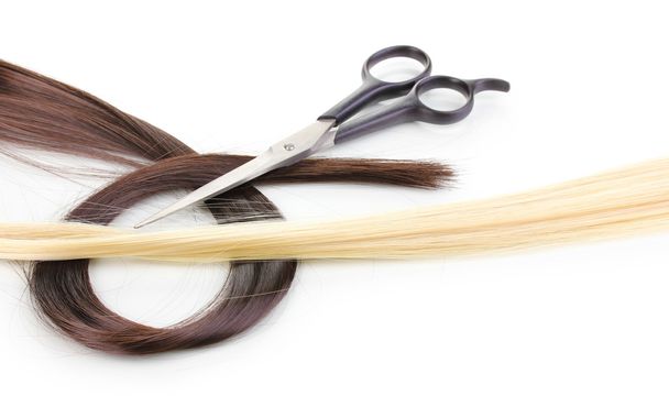 Shiny blond and brown hair with hair cutting shears isolated on white - Фото, изображение