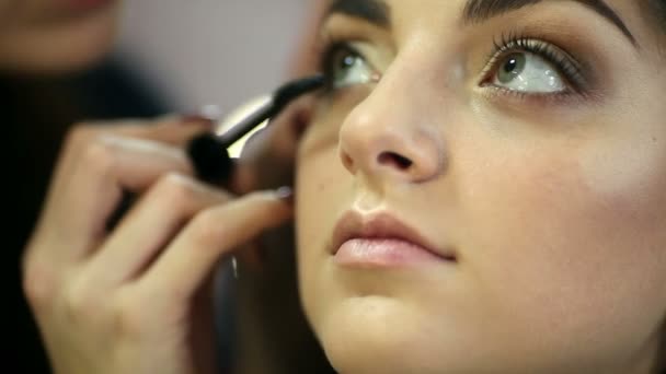 Een mooie vrouw met make-up toegepast door een make-up artiest. - Video