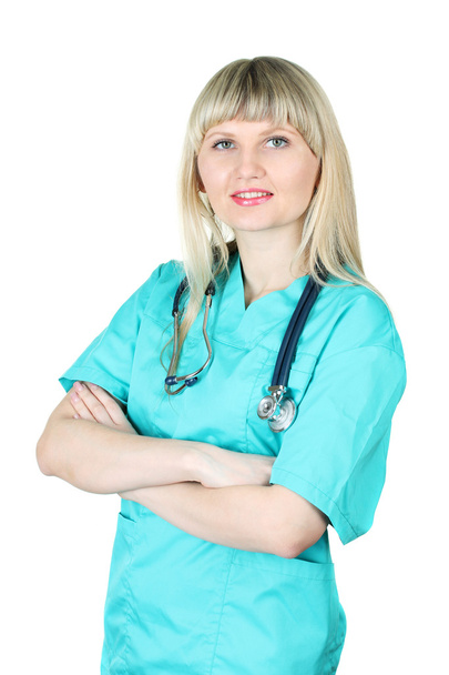 Young beautiful doctor with stethoscope isolated on white - Foto, afbeelding