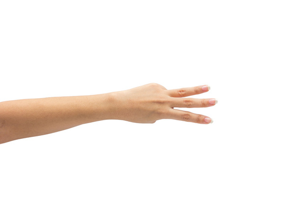 mão feminina sobre o isolado no fundo branco
 - Foto, Imagem