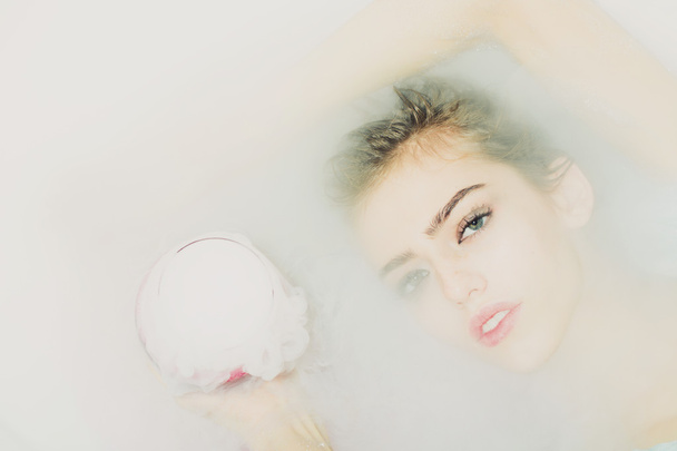 Closeup of woman with glass in bath - Zdjęcie, obraz