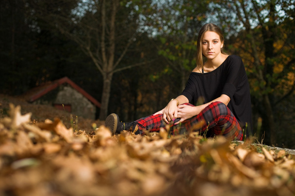 Retrato de sensual jovem posando na floresta de outono
 - Foto, Imagem
