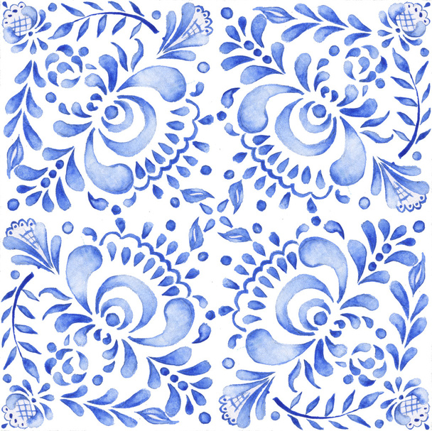 Hintergrundornament blau auf weißem Gzhel-Aquarell-Patchwork - Foto, Bild