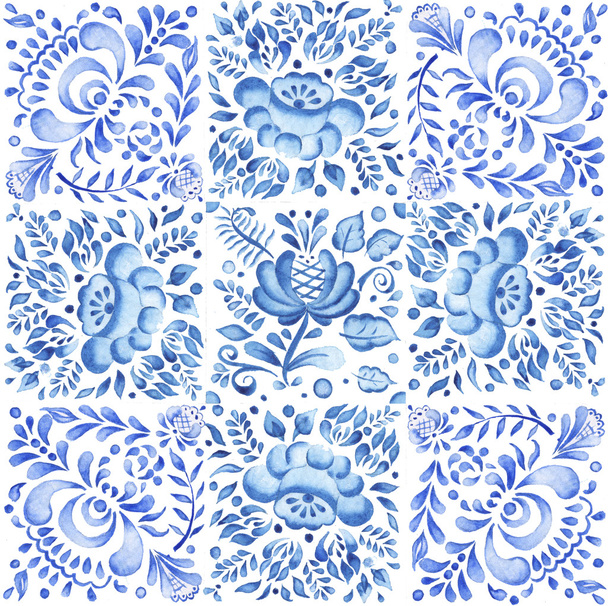 ornamento de fondo azul sobre blanco Gzhel acuarela patchwork
 - Foto, imagen