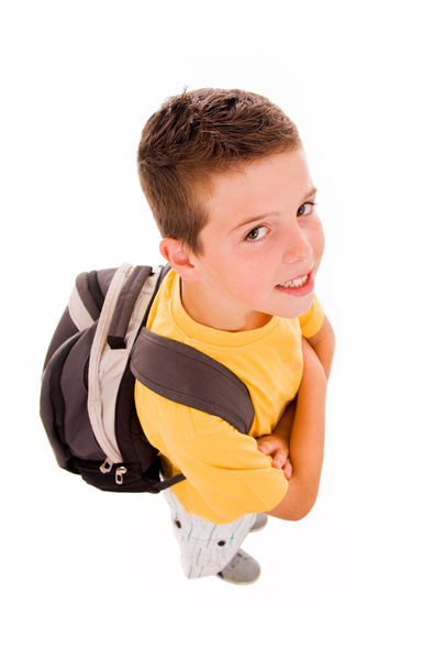 Young boy full body with school bag, isolated on white - Foto, imagen
