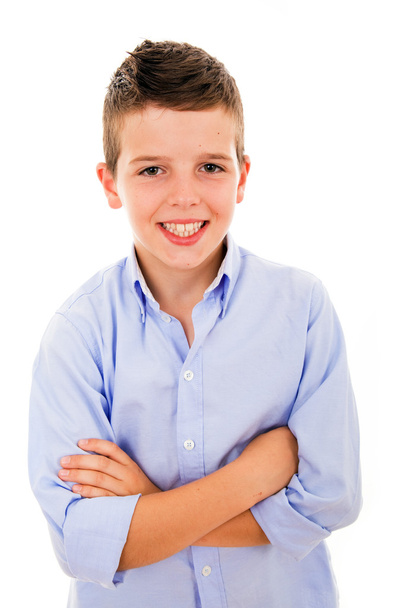 Portrait of happy little boy over white background - Photo, image