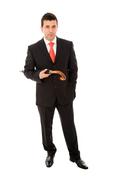 Young businessman holding and umbrella on white background - Φωτογραφία, εικόνα