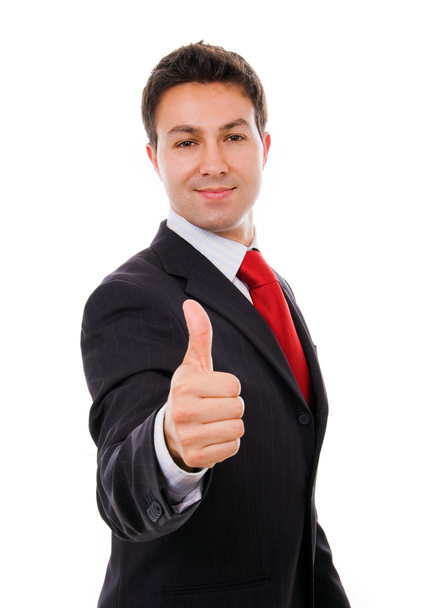 Young business man thumb up, isolated on white - Fotoğraf, Görsel