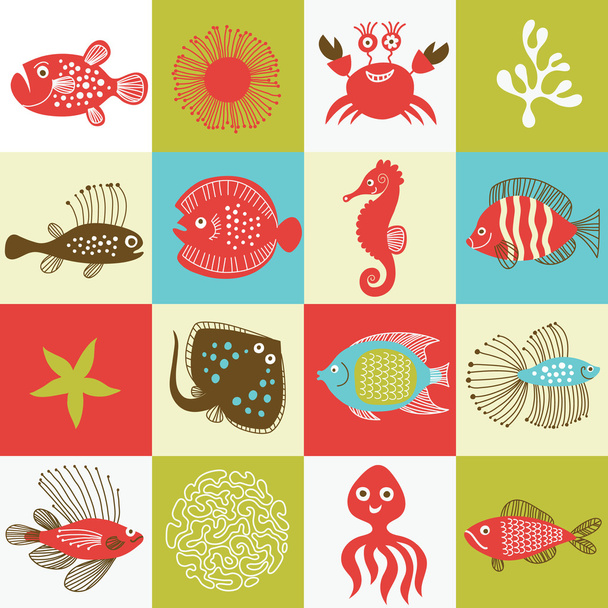 Set of whimsical fishes and marine life - Vektori, kuva